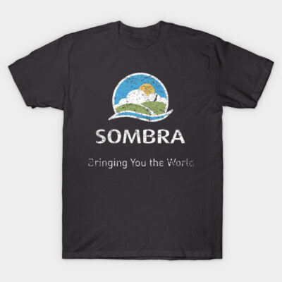 "Black t-shirt with colorful nature graphic and slogan 'Bringing You the World,' casual style, cotton material."