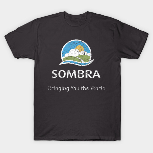 "Black t-shirt with colorful nature graphic and slogan 'Bringing You the World,' casual style, cotton material."