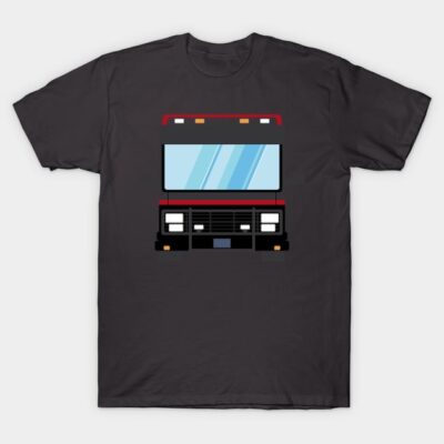 Black t-shirt with red and black bus graphic, casual style, cotton material, perfect for everyday wear.