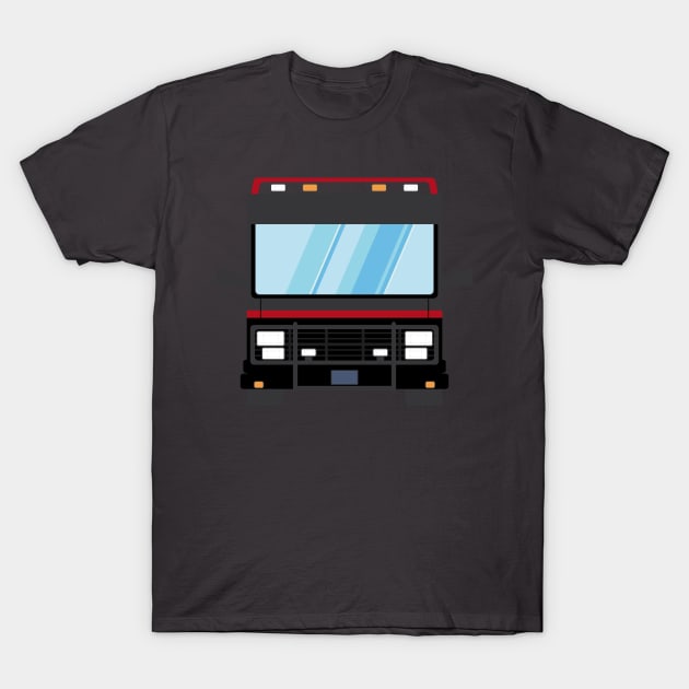 Black t-shirt with red and black bus graphic, casual style, cotton material, perfect for everyday wear.