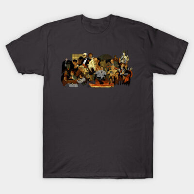 Black graphic T-shirt featuring a collage of classic movie characters, casual wear, soft cotton material.
