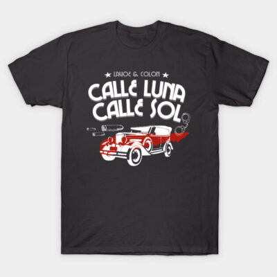 Black graphic t-shirt featuring vintage car design with "Calle Luna Calle Sol" text, casual streetwear style.