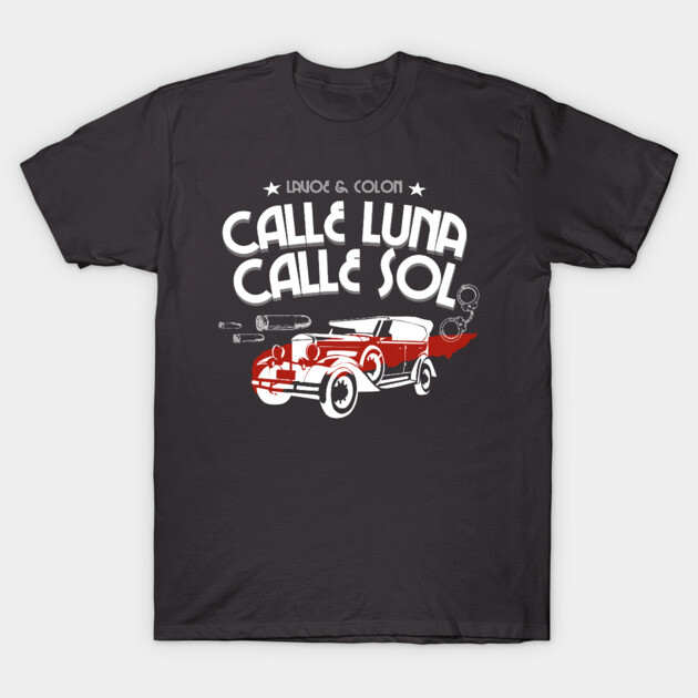 Black graphic t-shirt featuring vintage car design with "Calle Luna Calle Sol" text, casual streetwear style.