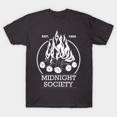 Black t-shirt with "Midnight Society" campfire graphic, white print, casual style, cotton material.