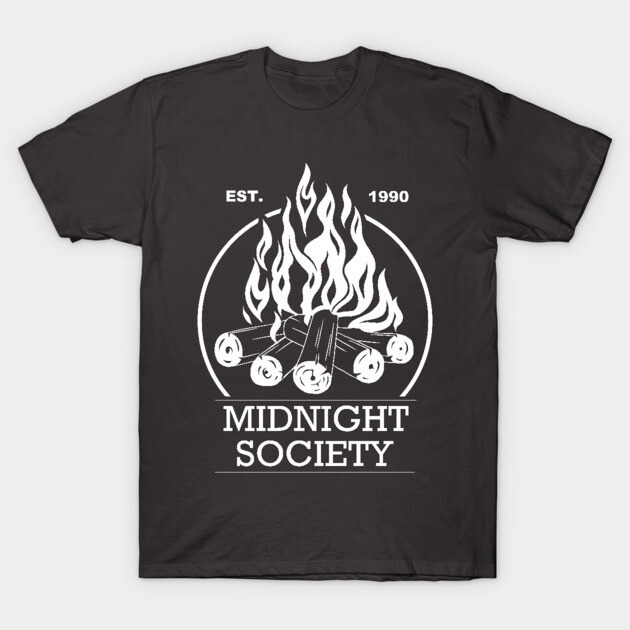 Black t-shirt with "Midnight Society" campfire graphic, white print, casual style, cotton material.