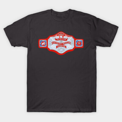 Black t-shirt featuring a red and white wrestling championship belt design, ideal for sports fans and casual wear.