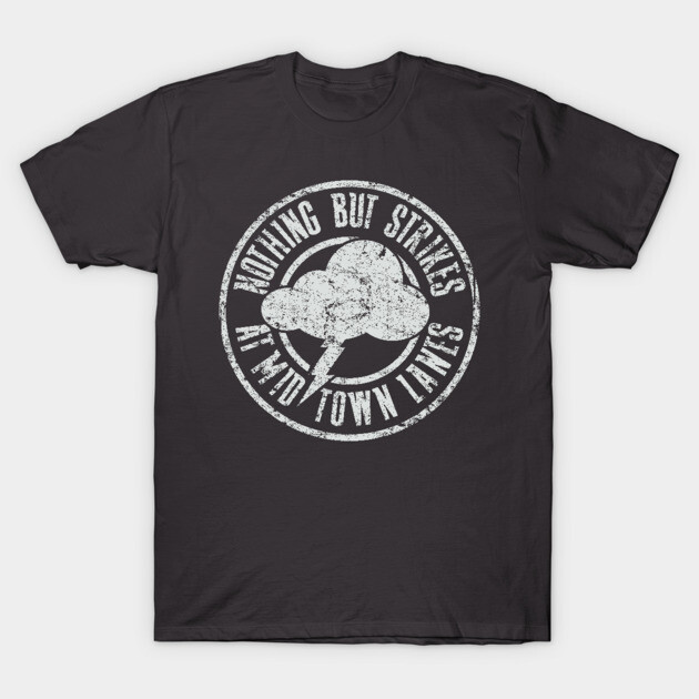 Black t-shirt with vintage bowling graphic, text "Nothing But Strikes at Mad Town Lanes," casual sportswear.