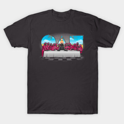 Black graphic t-shirt featuring colorful abstract design, casual unisex style, made of soft cotton for everyday wear.