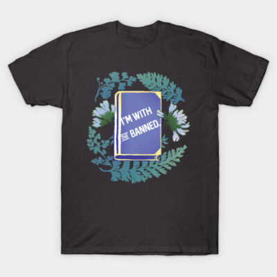 Black T-shirt with floral design and "I'm With the Banned" book graphic, casual unisex style, cotton fabric.