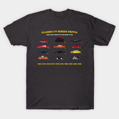 Black T-shirt featuring classic TV series trivia graphic with colorful vintage car illustrations and years.
