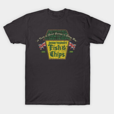 Black graphic t-shirt with vintage-style "Arthur Treacher's Fish & Chips" design featuring British flags.