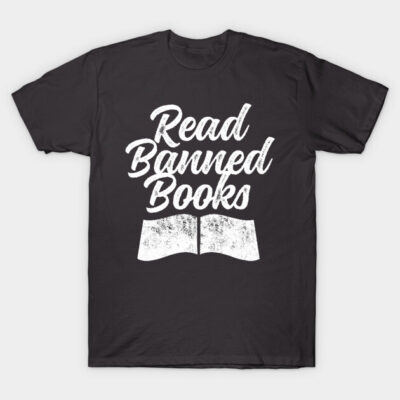 Black unisex T-shirt with "Read Banned Books" text in white, casual style, ideal for book lovers.