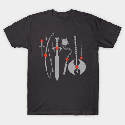 Black t-shirt with graphic of medieval weapons in gray and red accents, perfect for casual wear or themed events.