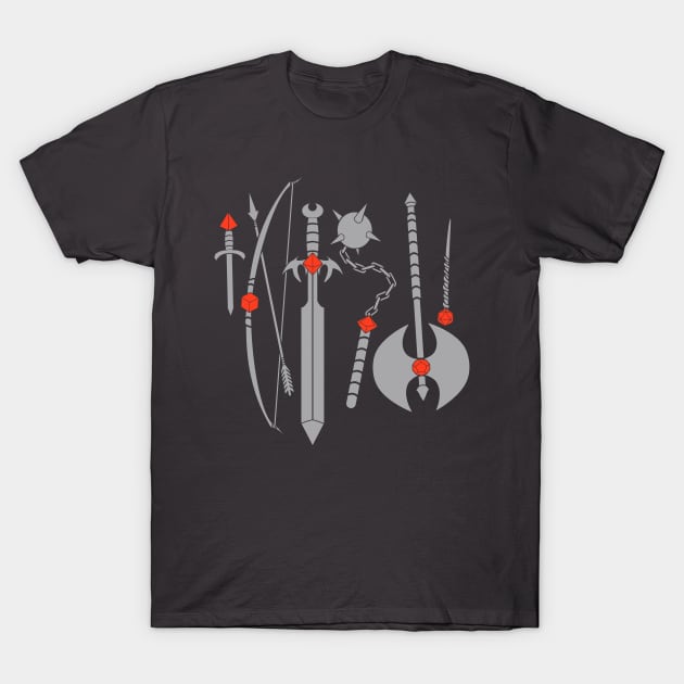 Black t-shirt with graphic of medieval weapons in gray and red accents, perfect for casual wear or themed events.