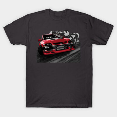 "Black T-shirt featuring red sports car graphic, perfect for auto enthusiasts, casual style, cotton material."