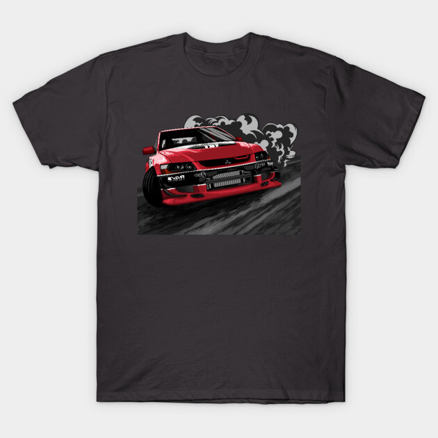 "Black T-shirt featuring red sports car graphic, perfect for auto enthusiasts, casual style, cotton material."