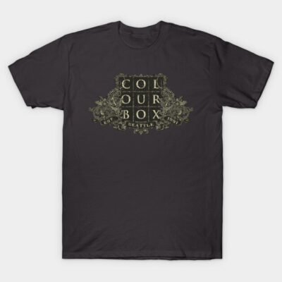 Black graphic t-shirt with vintage design, featuring "Colour Box Seattle" text, casual style, 100% cotton material.
