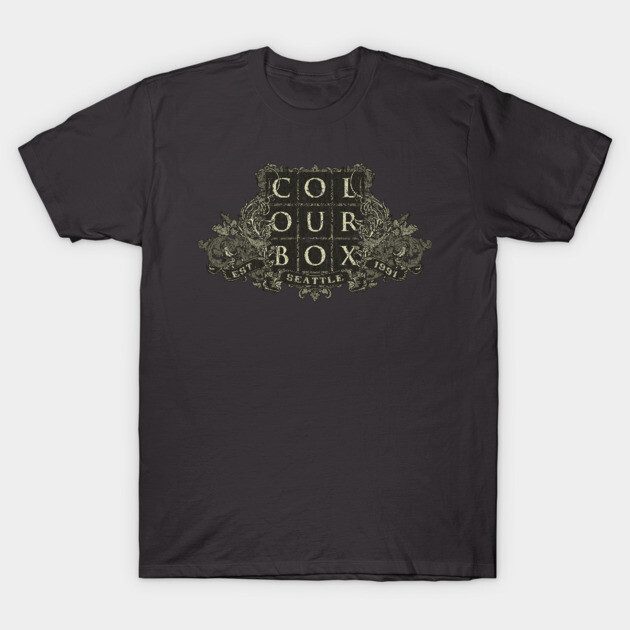 Black graphic t-shirt with vintage design, featuring "Colour Box Seattle" text, casual style, 100% cotton material.