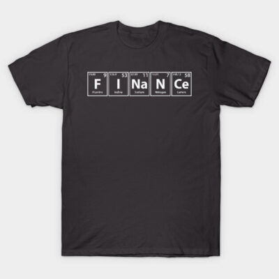 Black cotton t-shirt with finance-themed periodic table design, ideal for casual wear and finance enthusiasts.