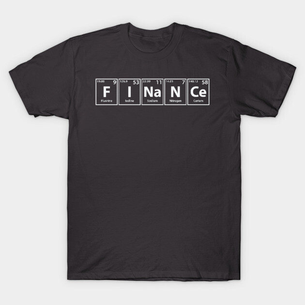 Black cotton t-shirt with finance-themed periodic table design, ideal for casual wear and finance enthusiasts.