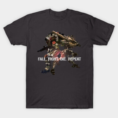 Black T-shirt featuring a graphic design with text "Fall Fight Die Repeat," perfect for casual wear or gaming fans.