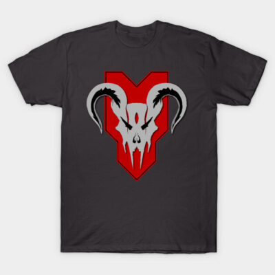 Dark gray t-shirt with red and gray skull graphic, casual wear, cotton material, unisex design.