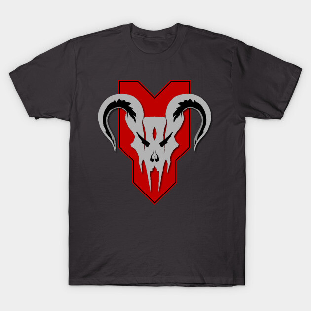 Dark gray t-shirt with red and gray skull graphic, casual wear, cotton material, unisex design.
