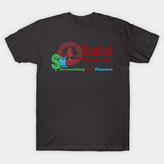 "Dark gray t-shirt with colorful 'Accounting and Finance' print, featuring a university-themed design, casual wear."