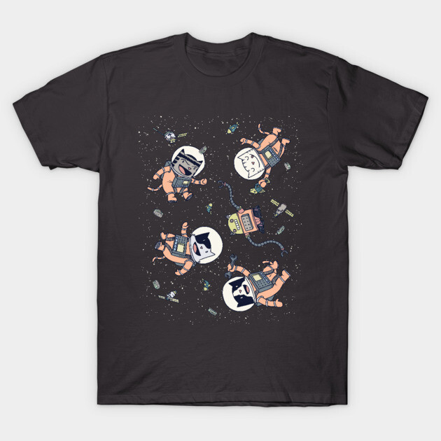 Black t-shirt with cute astronaut cat design, featuring space elements, ideal for casual wear and cat lovers.