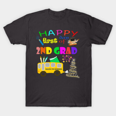 "Black T-shirt with colorful 'Happy First Day of 2nd Grade' design, featuring school bus and fireworks graphics."