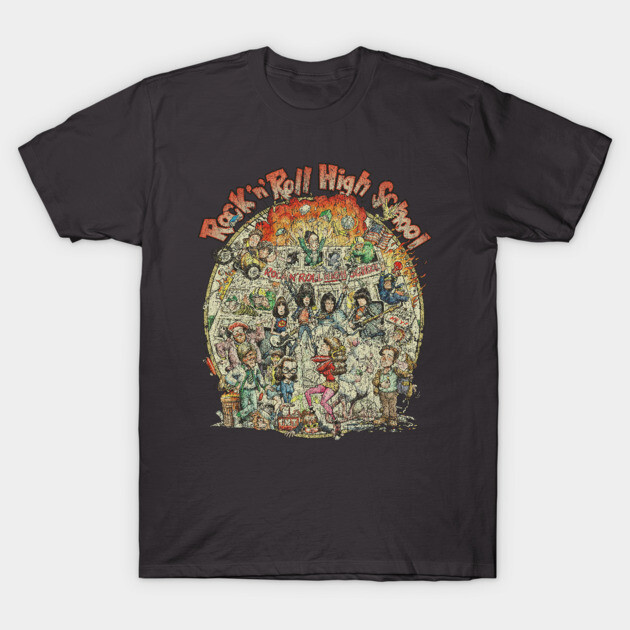 Black "Rock 'n' Roll High School" graphic tee, vintage style, unisex, 100% cotton, music-themed design.