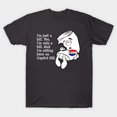 Black graphic t-shirt featuring cartoon bill character with text, ideal for casual wear and political enthusiasts.