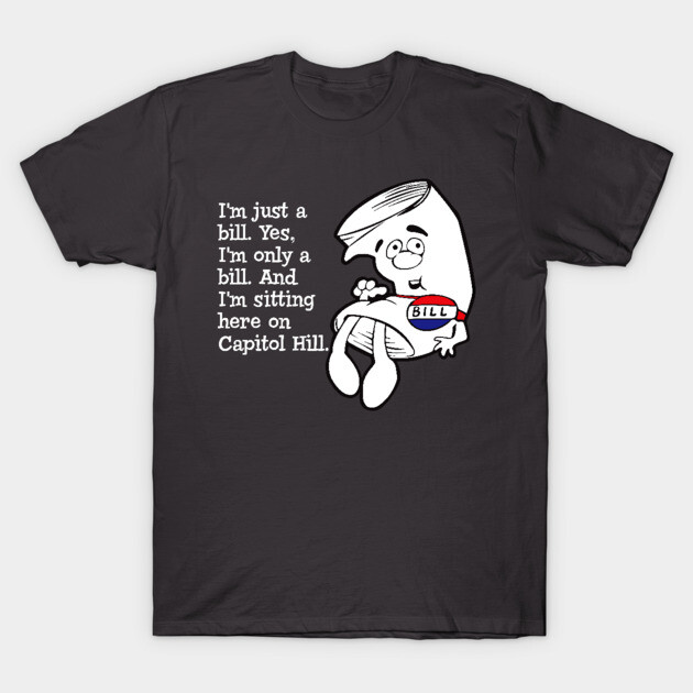 Black graphic t-shirt featuring cartoon bill character with text, ideal for casual wear and political enthusiasts.