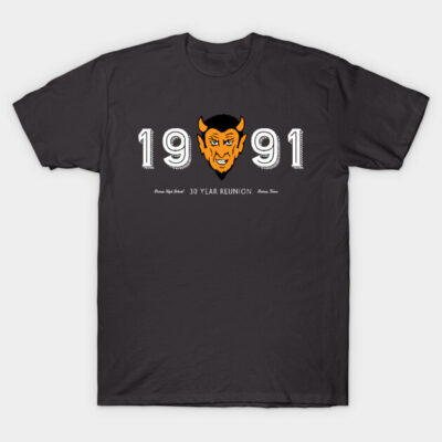 Black t-shirt with "1991" and devil graphic, 30-year reunion theme, cotton material, casual unisex style.