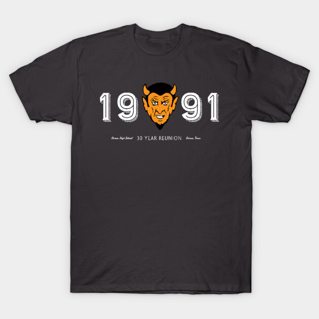 Black t-shirt with "1991" and devil graphic, 30-year reunion theme, cotton material, casual unisex style.