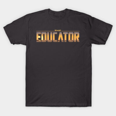 "Black 'The Educator' T-shirt, bold yellow text, casual style, soft cotton fabric, perfect for teaching professionals."