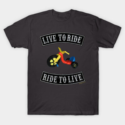 "Black t-shirt with colorful tricycle graphic and 'Live to Ride, Ride to Live' text, casual cotton wear."