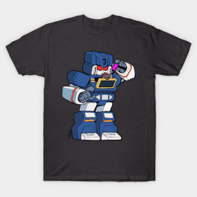Black t-shirt featuring a colorful robot graphic, casual wear, cotton material, ideal for everyday style.