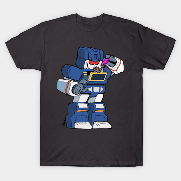 Black t-shirt featuring a colorful robot graphic, casual wear, cotton material, ideal for everyday style.