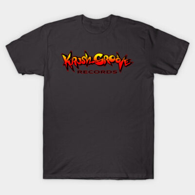 Charcoal graphic T-shirt featuring bold "Krush Groove Records" text, casual style, perfect for everyday wear.