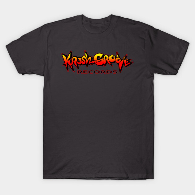 Charcoal graphic T-shirt featuring bold "Krush Groove Records" text, casual style, perfect for everyday wear.