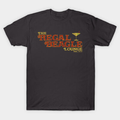 "Black graphic tee with vintage 'Regal Beagle Lounge' text and cocktail design, casual cotton material."