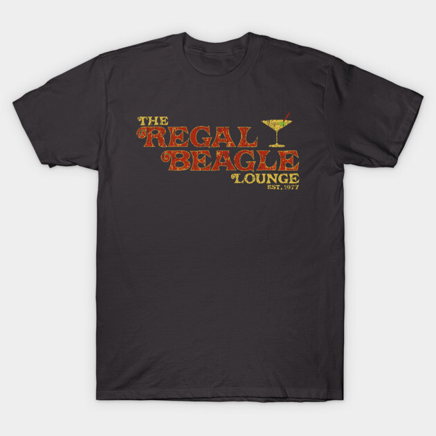 "Black graphic tee with vintage 'Regal Beagle Lounge' text and cocktail design, casual cotton material."