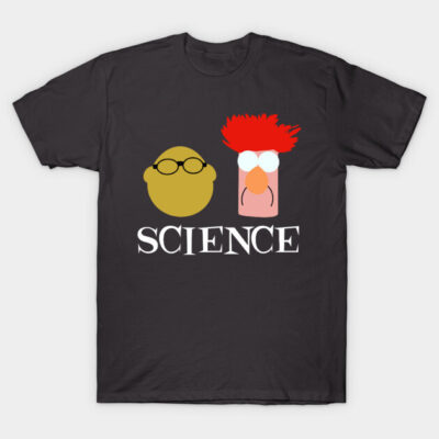 Black science-themed t-shirt featuring colorful cartoon graphics, perfect for casual wear and science enthusiasts.
