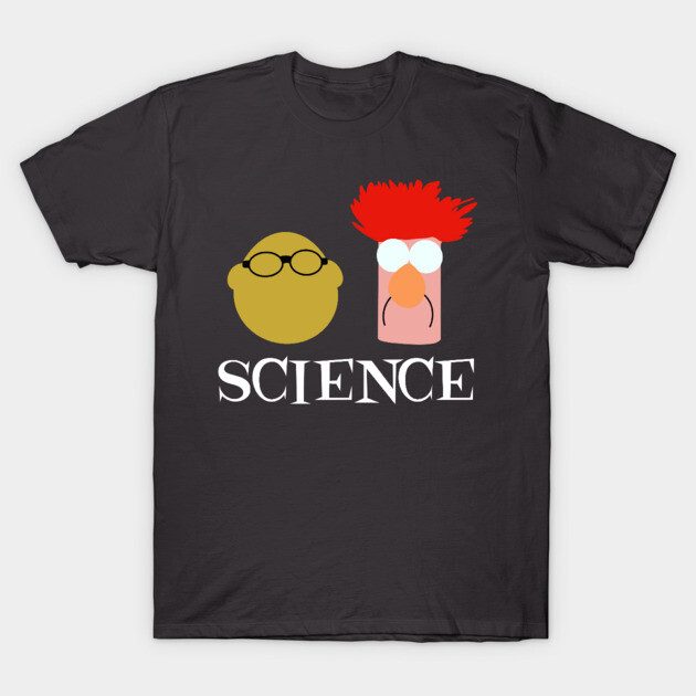 Black science-themed t-shirt featuring colorful cartoon graphics, perfect for casual wear and science enthusiasts.