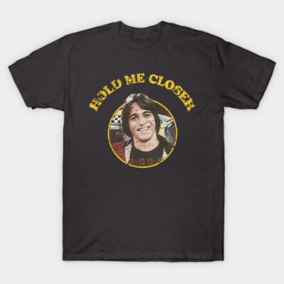 Black cotton t-shirt with vintage graphic and "Hold Me Closer" text, casual wear.