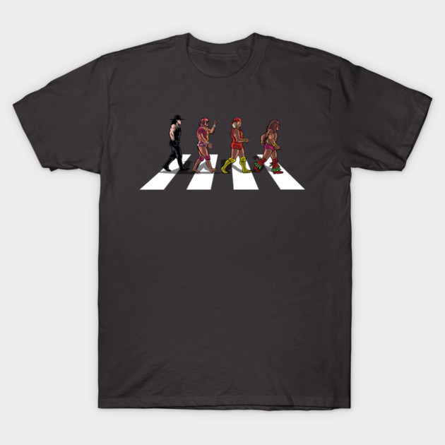 "Black graphic t-shirt with colorful cartoon characters on a crosswalk, casual style, cotton material."