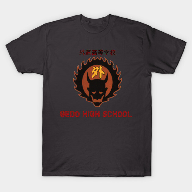 Black cotton T-shirt with "Gedo High School" graphic and Japanese text, casual style, unisex design.