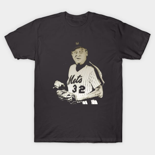 Black t-shirt featuring vintage baseball player graphic, white print, casual style, perfect for sports fans.