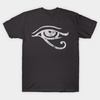 Black T-shirt with white Eye of Horus design, casual style, cotton material, perfect for everyday wear.